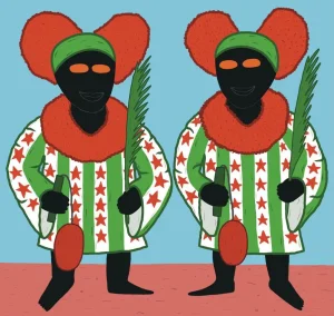 Quadro de Guilherme Kid, "A Turma de Cosme e Damião Chegou". Duas figuras de pele preta, seguram folhagens em sua mão esquerda. Elas vestem a mesma roupa de gola laranja e listras verticais verdes intercaladas com listras brancas salpicadas de estrelas laranjas. O fundo é azul. O olho das figuras é laranja