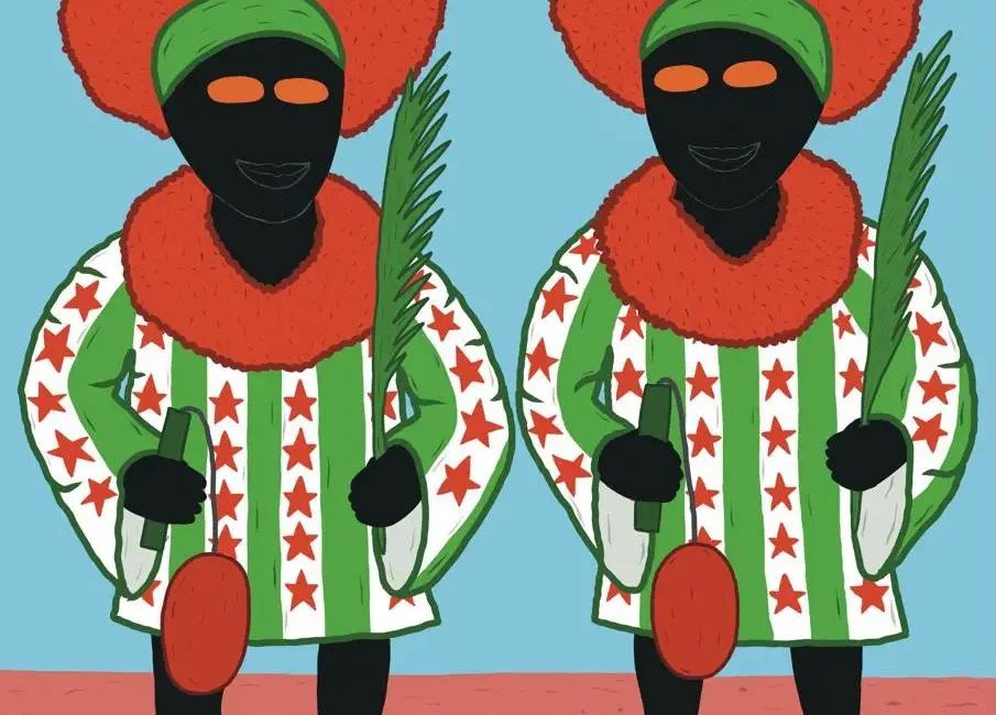 Quadro de Guilherme Kid, "A Turma de Cosme e Damião Chegou". Duas figuras de pele preta, seguram folhagens em sua mão esquerda. Elas vestem a mesma roupa de gola laranja e listras verticais verdes intercaladas com listras brancas salpicadas de estrelas laranjas. O fundo é azul. O olho das figuras é laranja