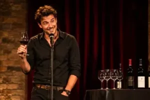 Comediante apresenta "An Idiots Guide to Wine". Ele segura uma taça de vinho tinto enquanto fala ao microfone. Ao lado, uma mesa com mais taças e uma garrafa. O fundo são cortinas vermelhas