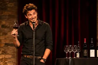 Comediante apresenta "An Idiots Guide to Wine". Ele segura uma taça de vinho tinto enquanto fala ao microfone. Ao lado, uma mesa com mais taças e uma garrafa. O fundo são cortinas vermelhas