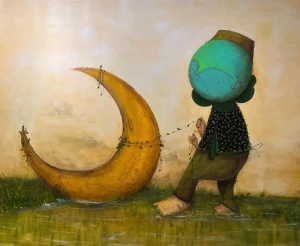 Pintura de André Mogle. Um garoto de rosto esverdeado e vestes pretas, segura uma lua minguante com um barbante. O chão é de grama verde e o fundo acinzentado