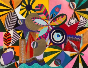 A obra "Avenida Paulista", Beatriz Milhazes. Um quadro colorido, mostrando flores e borboletas e folhagens por meio de formas geométricas arredondadas e chapadas