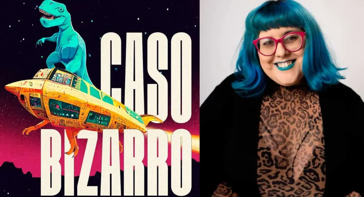 À esquerda: banner do podcast "Caso Biazarro" retrata um tiranossauro rex em cima de um ovni. À direita: a apresentadora Mabê Bonafé
