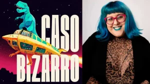 À esquerda: banner do podcast "Caso Biazarro" retrata um tiranossauro rex em cima de um ovni. À direita: a apresentadora Mabê Bonafé