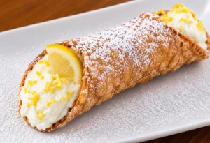 Cannoli recheado com creme branco, polvilhado com açúcar de confeiteiro e decorado com raspas e uma fatia de limão-siciliano, servido em prato retangular branco.