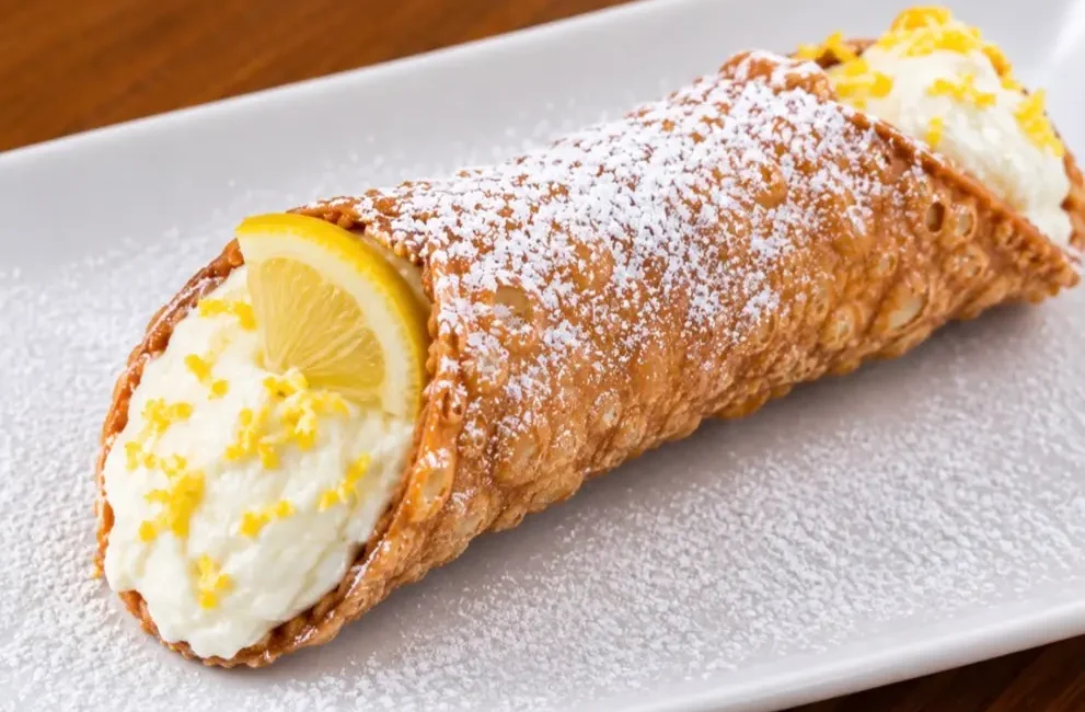 Cannoli recheado com creme branco, polvilhado com açúcar de confeiteiro e decorado com raspas e uma fatia de limão-siciliano, servido em prato retangular branco.
