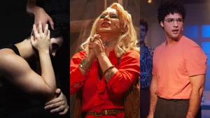 Três quadros com cenas da Trilogia para a Vida. João Ferreira em "Lembro todo dia de você"; Veronica Valentino em "Brenda Lee"; e Davi Tápias em "Codinome Daniel"